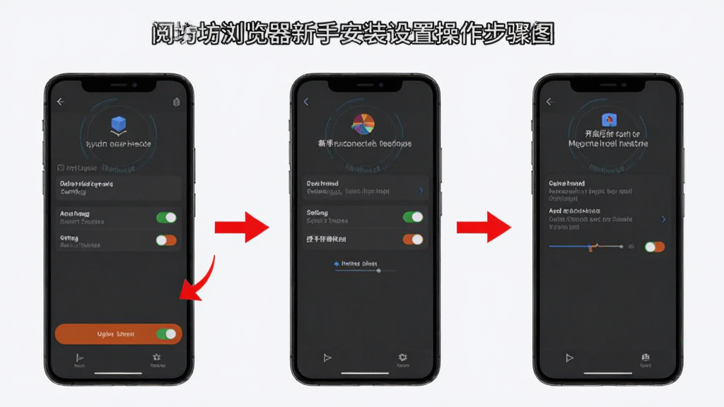 阅坊浏览器新手安装设置操作步骤示意图,主体为三部手机并排展示,分别呈现允许未知来源安装、授予存储权限、开启后台运行权限三个界面,布局为横向排列,风格为教程步骤图,细节包含红色箭头指引、设置开关高亮、浅色背景,画质高清,干净,无多余元素