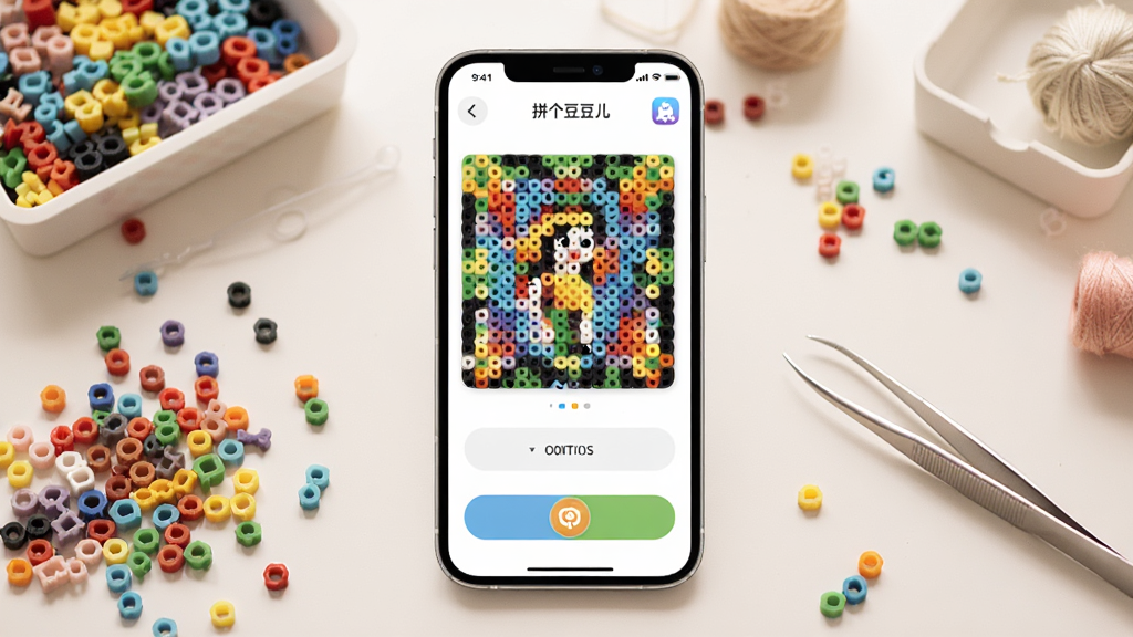 一张展示拼个豆豆儿应用界面的全景图,画面中央是手机屏幕,屏幕内显示色彩缤纷的拼豆图案和操作按钮,背景为温馨的手工桌面,桌上散落着彩色拼豆颗粒和镊子,整体风格清新明亮,细节丰富,画质清晰,干净无多余元素