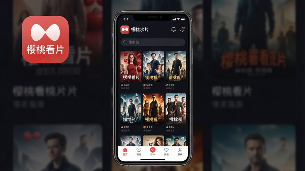 一张展示“樱桃看片”手机应用界面的场景图,主体为一部竖屏智能手机,屏幕中显示樱桃看片APP的主页,包含影视海报墙、搜索栏和底部导航栏,布局采用居中构图,背景为深色渐变,风格为现代科技感UI展示,细节包含清晰的“樱桃看片”应用图标与推荐影片封面,画质高清,画面干净,无多余元素