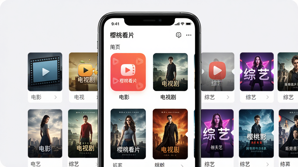 一个展示“樱桃看片”APP内影视分类页面的平面设计图,主体为手机屏幕界面,布局采用网格状分类图标与横向滚动海报相结合,风格为简洁现代的移动端UI设计,细节包含清晰的分类标签如“电影”“电视剧”“综艺”及对应的封面缩略图,画质高清,画面干净,无多余元素
