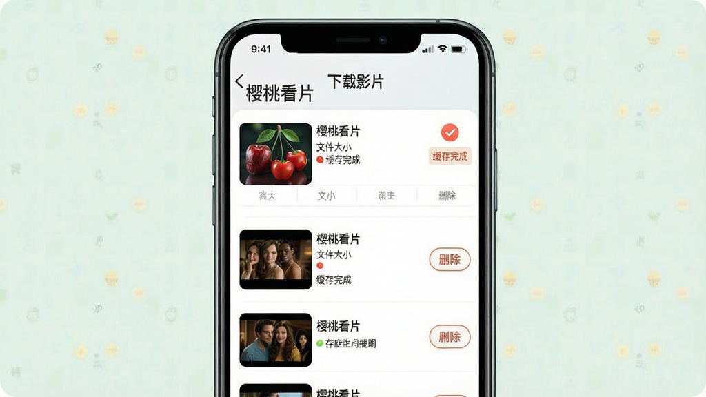 一张展示“樱桃看片”离线缓存管理界面的示意图,主体为手机屏幕显示已下载影片列表,布局采用纵向列表排版,每个条目包含影片缩略图、名称、文件大小与删除按钮,风格为清新浅色系移动端UI,细节包含清晰的“缓存完成”状态标签与存储空间占用提示,画质高清,画面干净,无多余元素