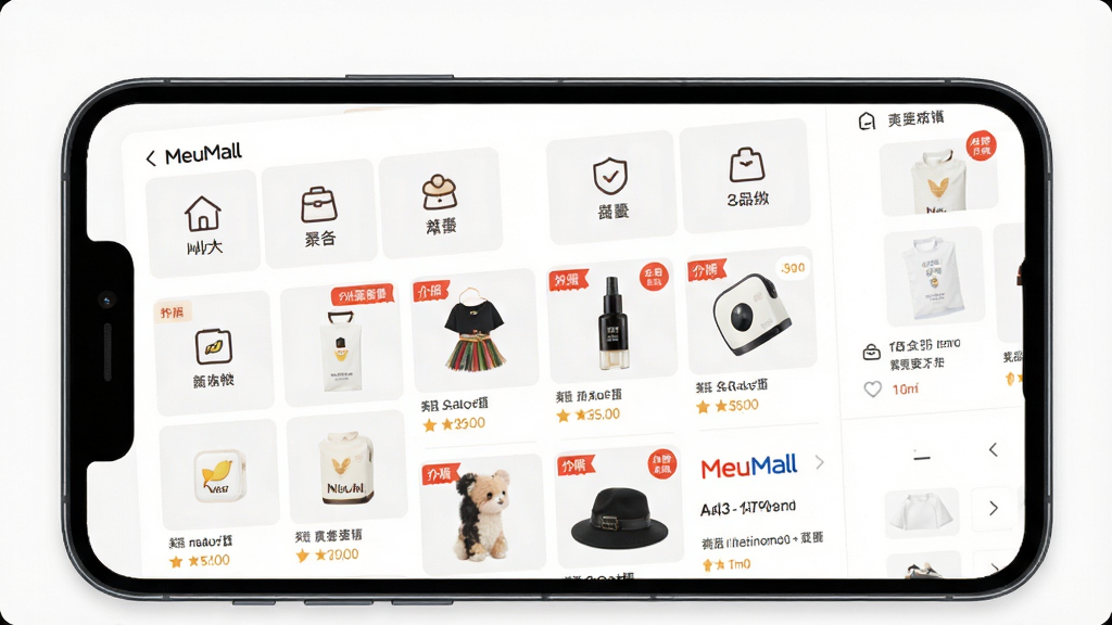 一张MeuMall多品类商品聚合页面的展示图,画面中手机屏幕呈现多个商品分类入口和商品网格,布局为宫格加列表混合排版,风格清新明亮,细节包括分类图标、商品图片和促销角标,画质高清,干净,无多余元素