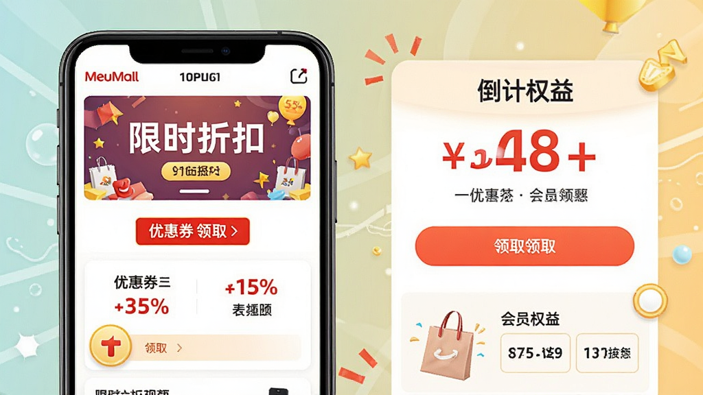 一张MeuMall优惠活动专区的界面预览图,画面中手机屏幕展示限时折扣横幅、优惠券领取入口和会员权益说明,布局层次分明,排版活泼,风格促销氛围浓厚但不杂乱,细节包括倒计时标签、折扣百分比和领取按钮,画质高清,干净,无多余元素