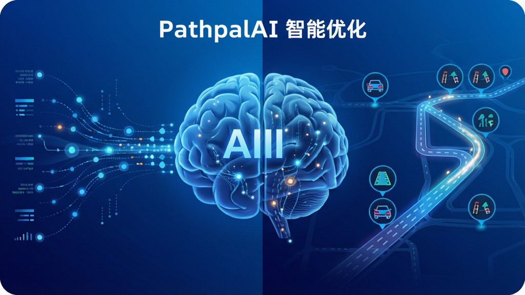 PathpalAI人工智能路径优化功能展示图,主体为AI大脑与道路网络融合的抽象图形,布局采用左右分栏构图,排版左侧为数据流右侧为优化路线,风格为科技蓝渐变风格,细节包括动态数据节点、闪烁的路线光带、实时路况指示图标,画质高清干净无多余元素,图片中文字标注