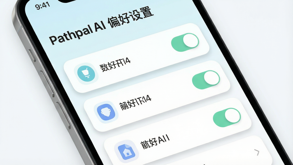 PathpalAI个性化偏好设置界面展示,主体为手机屏幕显示偏好选项列表,布局采用上下结构,排版上方为标题下方为选项开关,风格为清新浅色扁平化,细节包括图标化选项、柔和阴影、圆角卡片,画质高清干净无多余元素,图片中文字标注