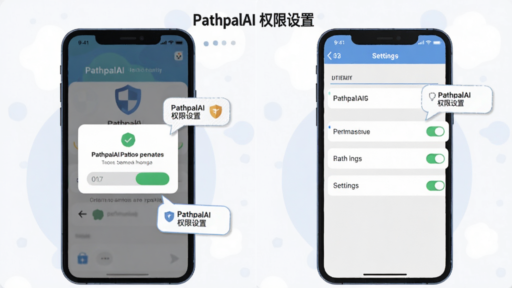 PathpalAI新手安装与权限设置示意图,主体为手机屏幕显示权限弹窗与设置界面,布局采用左右对比构图,排版左侧为权限请求右侧为设置选项,风格为扁平化插画风格,细节包括盾牌图标、开关按钮、提示气泡,画质高清干净无多余元素,图片中文字标注
