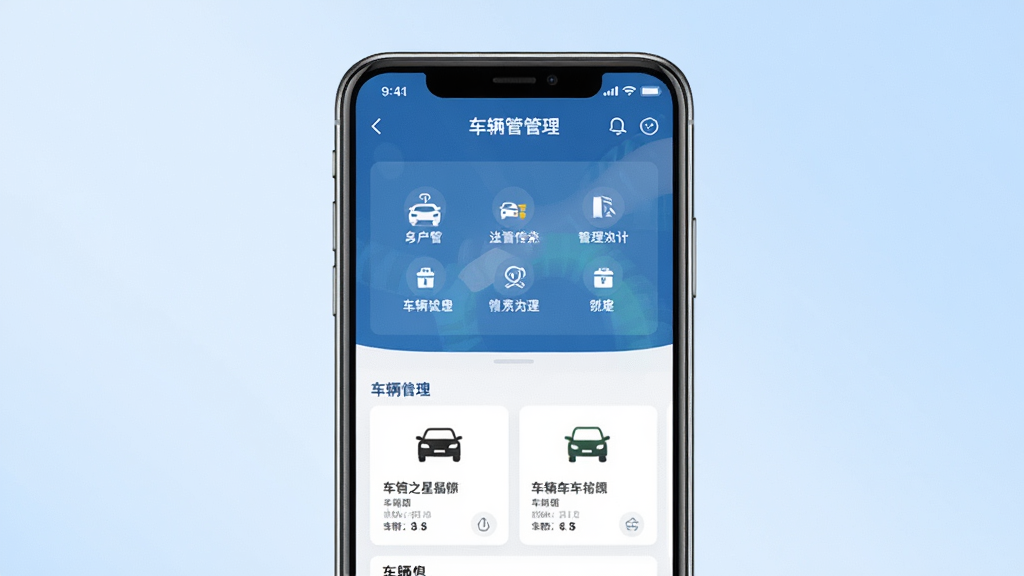 车管之星平台软件主界面全貌展示,画面中央放置一部智能手机,手机屏幕上显示车辆管理功能模块和车辆信息卡片,背景为浅蓝色渐变,布局简洁清晰,风格现代商务,细节包含图标和文字标签,画质高清干净无多余元素