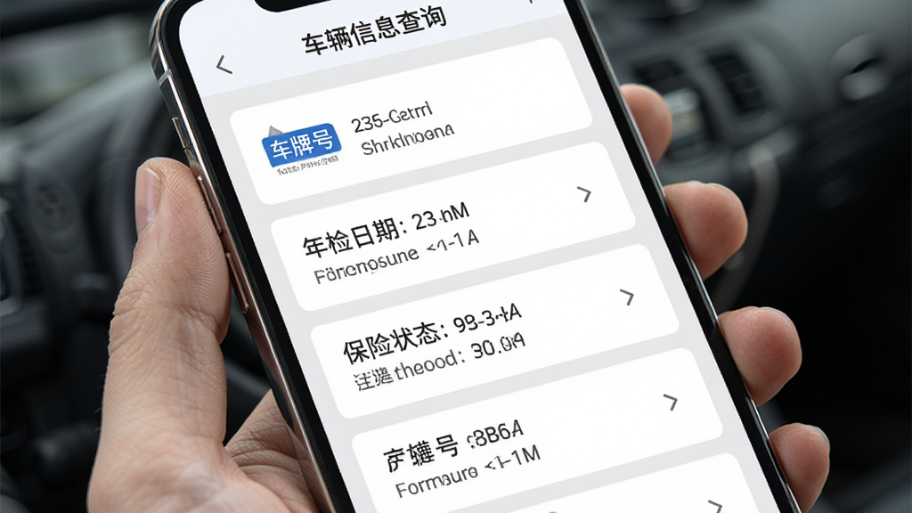 车管之星平台车辆信息查询界面,手机屏幕展示车辆信息卡片列表,包含车牌号、年检日期、保险状态等字段,背景为白色与浅灰色搭配,风格清新简洁,细节清晰,画质高清干净