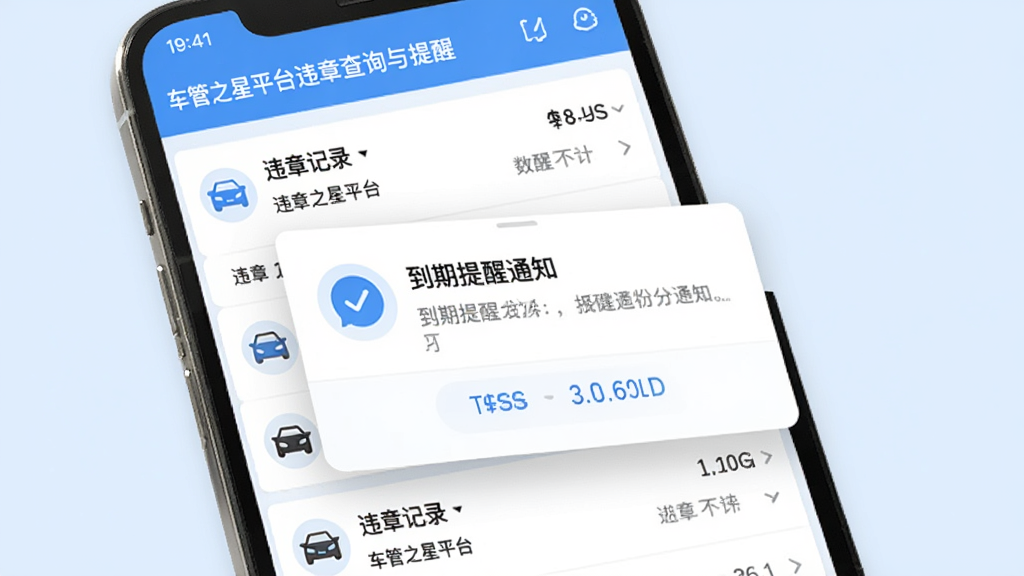 车管之星平台违章查询与提醒功能界面,手机屏幕显示违章记录列表和到期提醒通知弹窗,背景为淡蓝色调,布局整齐,风格简约实用,细节包含图标和文字,画质高清干净无多余元素
