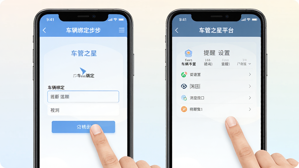车管之星平台手机端操作界面,展示车辆绑定步骤和提醒设置页面,画面中有手指点击屏幕的动作,背景为浅色渐变,布局清晰,风格扁平化设计,细节包含按钮和输入框,画质高清干净无多余元素