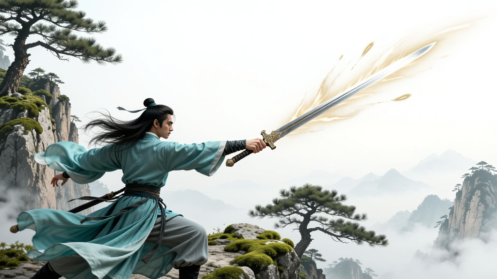 主体为一位身穿青色长袍的剑客正在山巅挥剑;布局采用对角线构图,剑客位于画面左下方,剑光延伸至右上方;排版上人物与剑光形成视觉引导线;风格为仙侠水墨与写实融合;细节包括剑客衣袂飘动、剑光呈淡金色、山石上有青苔与松树;画质细腻,画面干净,无多余元素。