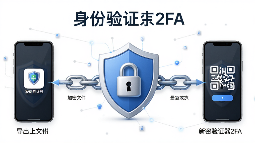 身份验证器2FA的加密备份与迁移功能示意图,画面左侧为旧手机导出加密文件,右侧为新手机扫码或导入恢复,中间以盾牌和锁链元素连接,应用名称