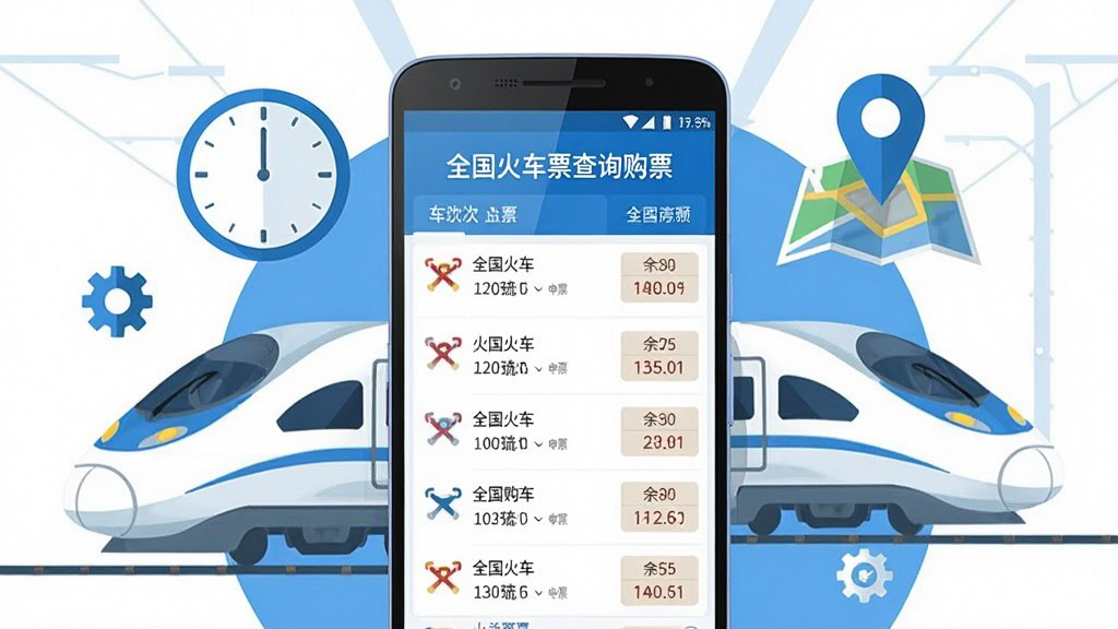 画面中央放置一部安卓手机,手机屏幕显示“全国火车票查询购票”应用界面,界面中有车次列表和余票数字,手机周围环绕高铁列车、时钟、地图定位图标等元素,整体采用蓝白配色,扁平化设计风格,布局简洁明快,细节清晰,画质干净,无多余元素,适合作为软件下载页头图。