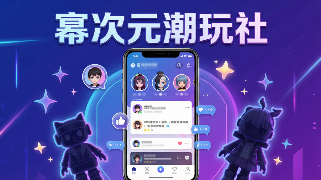 幂次元潮玩社应用界面展示,画面中央是手机屏幕,屏幕内显示二次元潮玩社区首页,包含虚拟角色头像、动态卡片和底部导航栏;周围环绕动漫风格装饰元素、潮玩手办轮廓和闪烁星光;布局采用居中构图,上方用大号字体写“幂次元潮玩社”;风格为二次元赛博潮流,色彩以蓝紫渐变为主,搭配霓虹光效;细节有用户头像气泡、点赞图标、聊天气泡;画质高清,干净,无多余元素