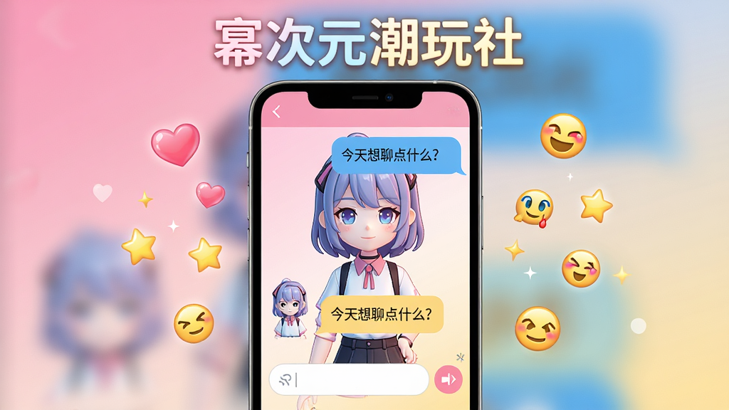 幂次元潮玩社虚拟角色对话界面,画面中央是手机屏幕,屏幕内显示一位动漫风格虚拟角色正在与用户聊天,对话气泡中写“今天想聊点什么?”;周围漂浮着爱心、星星和表情符号;布局为居中展示,顶部用发光字体写“幂次元潮玩社”;风格为日系二次元,色调以粉蓝和暖黄为主;细节有角色立绘、聊天气泡、输入框;画质高清,干净,无多余元素