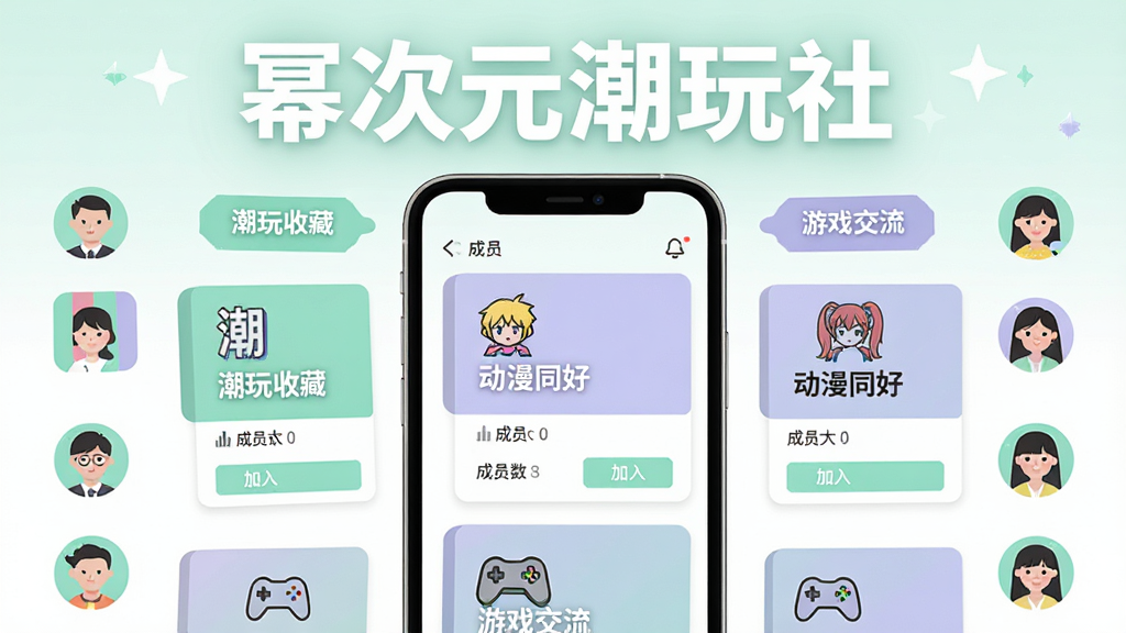 幂次元潮玩社兴趣圈子页面,画面中央是手机屏幕,屏幕内展示多个圈子卡片,卡片上写“潮玩收藏”“动漫同好”“游戏交流”;周围环绕彩色标签和用户头像;布局为网格排列,顶部用大号字体写“幂次元潮玩社”;风格为清新扁平化,色调以薄荷绿和淡紫为主;细节有圈子图标、成员数、加入按钮;画质高清,干净,无多余元素