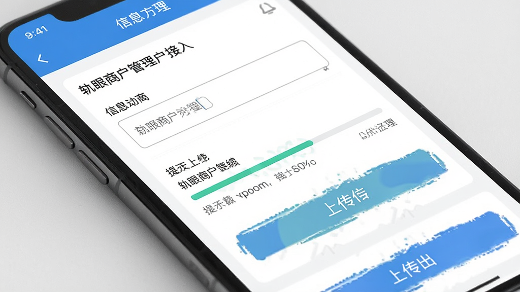 轨眼商户管理商户接入办理界面,画面主体为手机屏幕特写,屏幕上展示信息填写表单与上传按钮,布局采用上下结构,排版整齐,风格为清爽简约的移动端UI风格,细节包含输入框、进度条、提示文字,画质清晰,画面干净,无多余元素