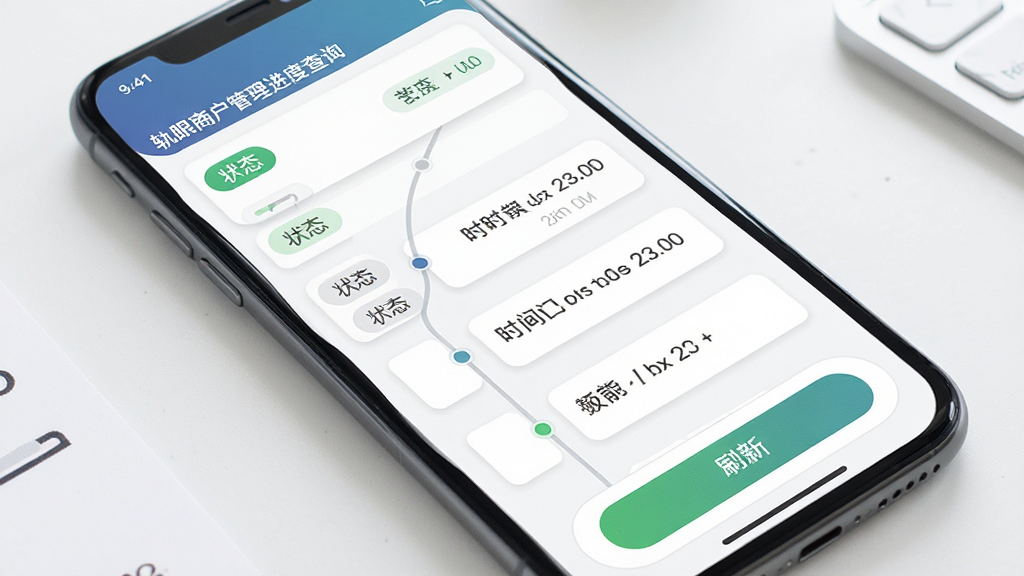 轨眼商户管理进度查询页面,画面展示手机屏幕中的状态列表与时间轴,布局采用纵向排列,排版清晰,风格为现代商务简约风,细节包含状态标签、时间节点、刷新按钮,画质高清,画面干净,无多余元素