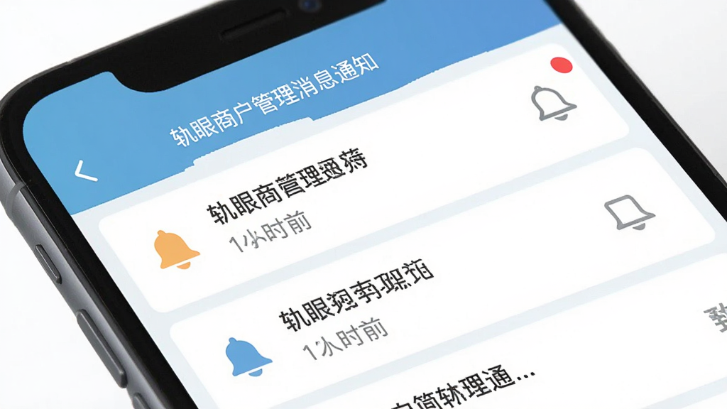 轨眼商户管理消息通知页面,画面展示手机屏幕中的通知列表与红点提醒,布局采用列表式布局,排版简洁,风格为扁平化移动端风格,细节包含铃铛图标、消息条目、时间显示,画质高清,画面干净,无多余元素