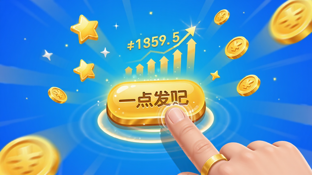 一点就发财 应用操作界面 手指点击屏幕中央的金色按钮 周围有星星和金币特效 布局为手机竖屏展示 风格明亮欢快 细节包含点击涟漪和数字增长动画 画质清晰 干净 无多余元素
