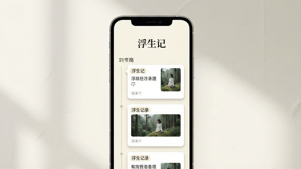 一张展示浮生记应用界面的手机样机图,画面中央是一部竖屏手机,屏幕上显示浮生记APP的首页,首页顶部有“浮生记”三个字,下方是时间线式的记录卡片,卡片上有文字和配图,背景是淡雅的米白色,整体布局简洁,排版清晰,风格为现代极简扁平化,细节上卡片带有轻微阴影,手机周围有柔和的自然光,画质高清,干净,无多余元素。