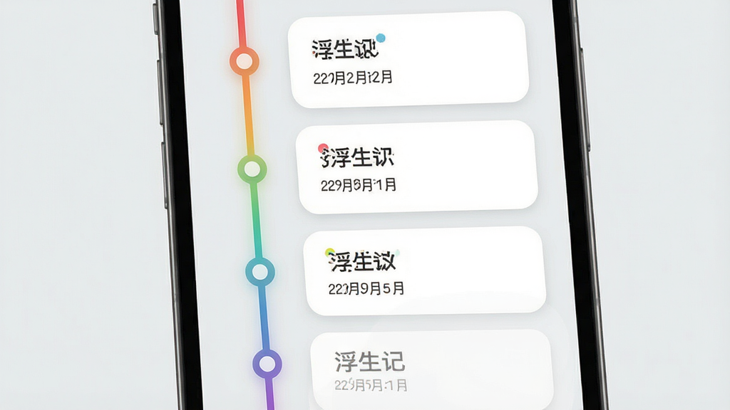 一张浮生记时光轴功能的界面展示图,画面主体是一部手机,屏幕显示浮生记的时间轴页面,左侧有竖向的时间线,时间线上有圆点标记,右侧是不同日期的记录卡片,卡片上写有“浮生记”字样和日期,背景是浅灰色,布局为竖向排列,排版整齐,风格为清新简约,细节上时间线有渐变色彩,卡片圆角柔和,画质高清,干净,无多余元素。