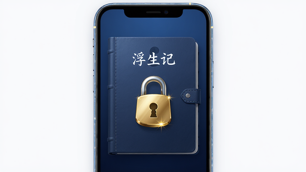 一张浮生记隐私锁功能的示意图,画面中央是一部手机,屏幕上显示一个带锁图标的日记封面,封面写着“浮生记”,锁图标为金色,背景是深蓝色渐变,布局为居中对称,风格为安全沉稳,细节上锁图标有光泽感,手机边缘有微光,画质高清,干净,无多余元素。
