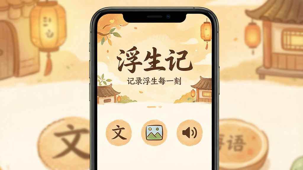 一张展示浮生记新手引导页面的手机截图风格图片,画面中央是一部手机,屏幕上显示浮生记的欢迎界面,界面上有“浮生记”标题和一句“记录浮生每一刻”的标语,下方有三个图标分别代表文字、图片、语音,背景是暖色调的插画风格,布局为竖向排列,风格为温馨治愈,细节上图标有手绘质感,画质高清,干净,无多余元素。