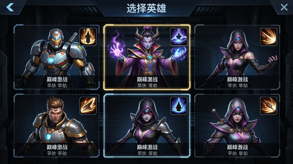 游戏内英雄选择界面截图,画面中排列着六位不同风格的