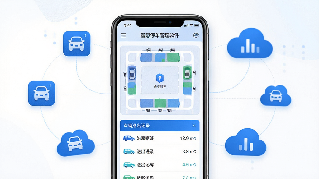 泊客云智慧停车管理软件界面展示,主体为一部智能手机屏幕显示停车场车位分布图与车辆进出记录列表,布局为居中放置手机,周围环绕停车图标与数据云图标,排版简洁清晰,风格为现代科技感扁平化设计,细节包括蓝色主色调、白色背景、细腻的图标纹理与数据可视化图表,画质高清,干净,无多余元素