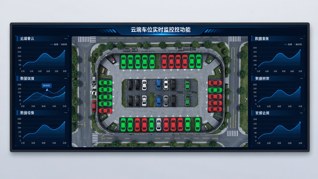 泊客云云端车位实时监控功能展示,主体为一块大型电子屏幕显示停车场俯视图与车位状态颜色标识,布局为屏幕居中,两侧配有数据统计面板,排版整齐,风格为商务科技风格,细节包括绿色空闲车位标识、红色占用车位标识、蓝色数据曲线图,画质高清,干净,无多余元素