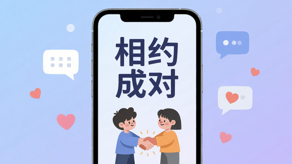 画面中央是一部智能手机,屏幕上显示着“相约成对”四个大字与两个卡通人物握手的图标,背景是柔和的渐变蓝紫色,周围漂浮着对话气泡和爱心元素,整体风格清新简约,扁平化设计,画质干净清晰,无多余元素