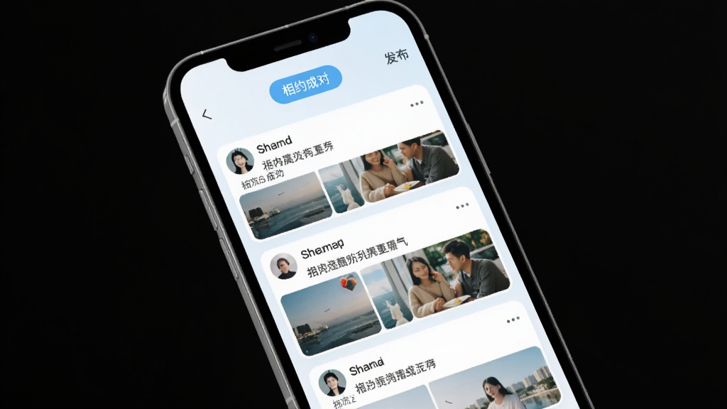 手机屏幕显示“相约成对”动态广场页面,顶部有发布按钮,下方是瀑布流形式的用户动态卡片,包含头像、文字和图片,整体布局整洁,配色以白色和浅蓝色为主,风格现代简约,画质清晰,无多余元素