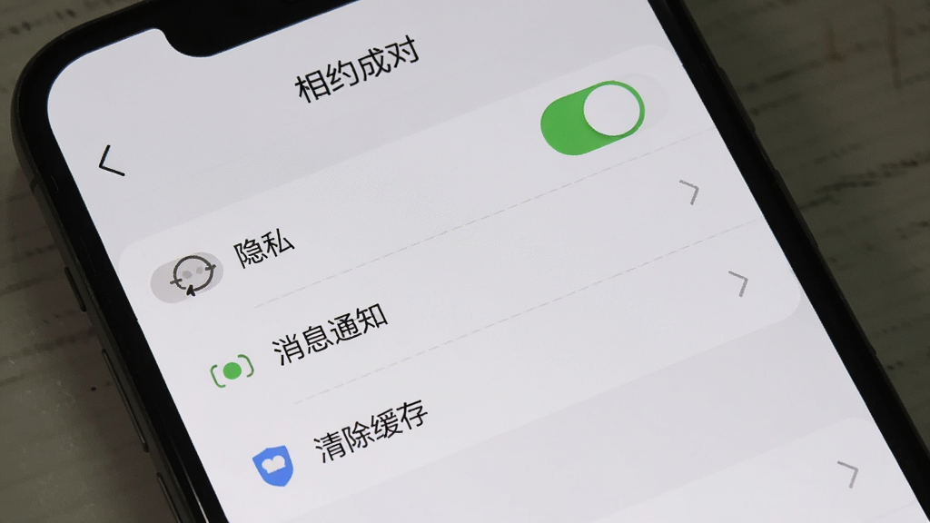 手机屏幕显示“相约成对”设置页面,包含隐私开关、消息通知、清除缓存等选项,界面以浅灰色和白色为主,图标简洁,排版整齐,风格素雅干净,画质清晰,无多余元素