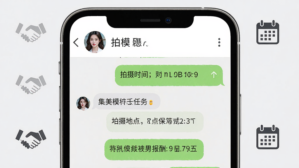 手机聊天界面展示集美模特任务沟通页面,对话气泡中包含拍摄时间、地点和报酬等信息,顶部显示模特头像和名称,背景为浅灰色,周围有握手图标和日历图标,布局清晰,风格商务简洁,细节丰富,画质高清,干净无多余元素