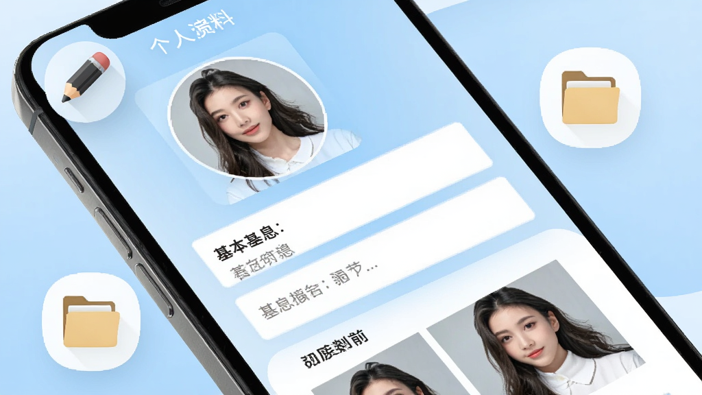 手机屏幕展示集美模特个人资料编辑页面,页面中包含头像上传区域、基本信息填写框和照片展示区,背景为柔和的蓝色渐变,周围有铅笔图标和文件夹图标,布局整洁,风格清新,细节清晰,画质高清,干净无多余元素