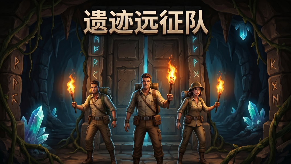 一款以远古遗迹探索为主题的手机游戏宣传图,画面中央是三名探险队员手持火把站在巨大石门前,周围环绕着藤蔓与古老符文,背景是幽暗的地下通道与发光水晶,构图采用居中对称式布局,整体色调为深棕与幽蓝,风格为写实奇幻美术,细节包含石壁纹理、火把光晕、角色装备质感,画质高清干净,无多余元素,画面中带有“遗迹远征队”文字标题