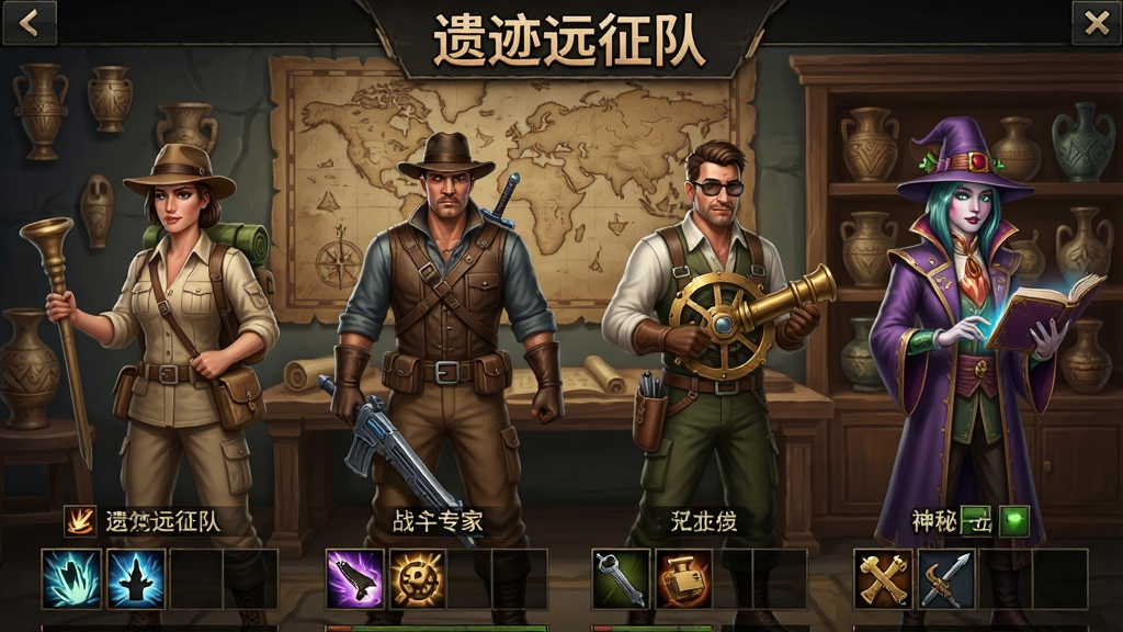 一张以“遗迹远征队”游戏角色组建界面为主题的图片,画面中央展示四位不同职业的探险者站立排列,从左到右依次为考古学家、战斗专家、机关技师与神秘学者,背景为古代地图与文物陈列架,布局采用横向排列,风格为半写实游戏UI美术,细节包含角色服饰差异、技能图标、装备栏位,画质干净清晰,画面中带有“遗迹远征队”文字标识