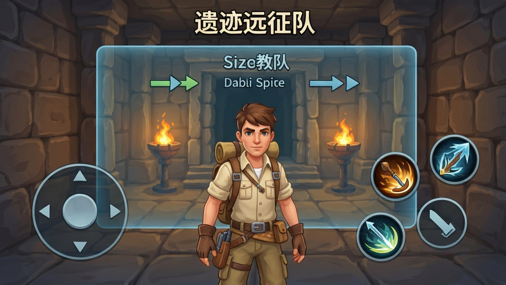 一幅展示手机游戏“遗迹远征队”新手教学场景的图片,画面中一位探险者站在遗迹入口处,面前悬浮着半透明的操作指引面板,左侧为虚拟摇杆,右侧为技能按钮,背景为石质走廊与火盆,布局采用第一人称视角,风格为清晰明快的游戏UI插画,细节包含指引箭头、文字标签、角色装备,画质干净整洁,无多余元素
