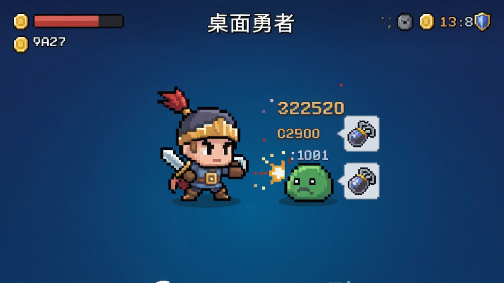 手机桌面中央悬浮着一个可爱的像素风格勇者角色,正在自动与史莱姆战斗,周围有经验值飘字和装备掉落图标,桌面背景为简洁的深蓝色渐变,画面布局居中,风格为卡通像素风,细节包含血条、金币、等级数字,画质清晰干净,无多余元素,图片中文字为