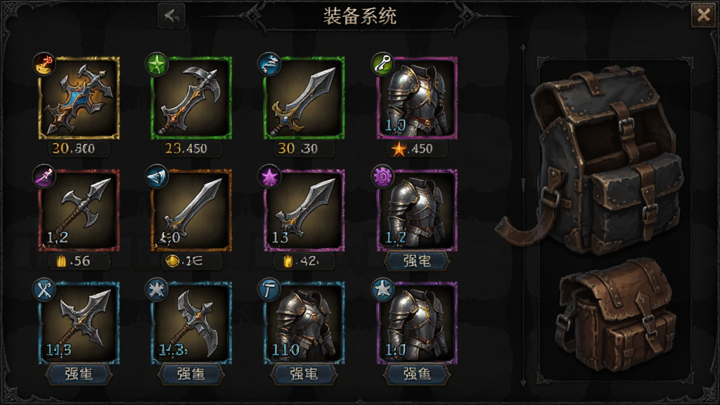 游戏装备界面截图,展示多个装备槽位和背包中的各式武器防具,装备带有不同颜色边框表示品质,界面布局清晰,风格为暗黑魔幻风,细节包含装备图标、属性数值、强化按钮,画质精细干净,图片中文字为
