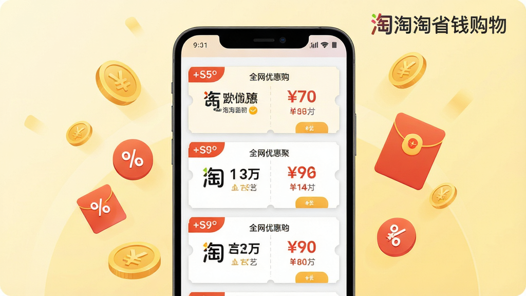 一幅展示淘淘省钱购物全网优惠聚合功能的插图,画面中央是一部安卓手机,屏幕上呈现多个电商平台的优惠券卡片整齐排列,卡片上有折扣标签和价格对比信息。手机两侧漂浮着金币、红包和折扣图标,背景为淡黄色渐变,风格简洁现代,细节清晰,画质干净无杂乱元素,画面中可带有