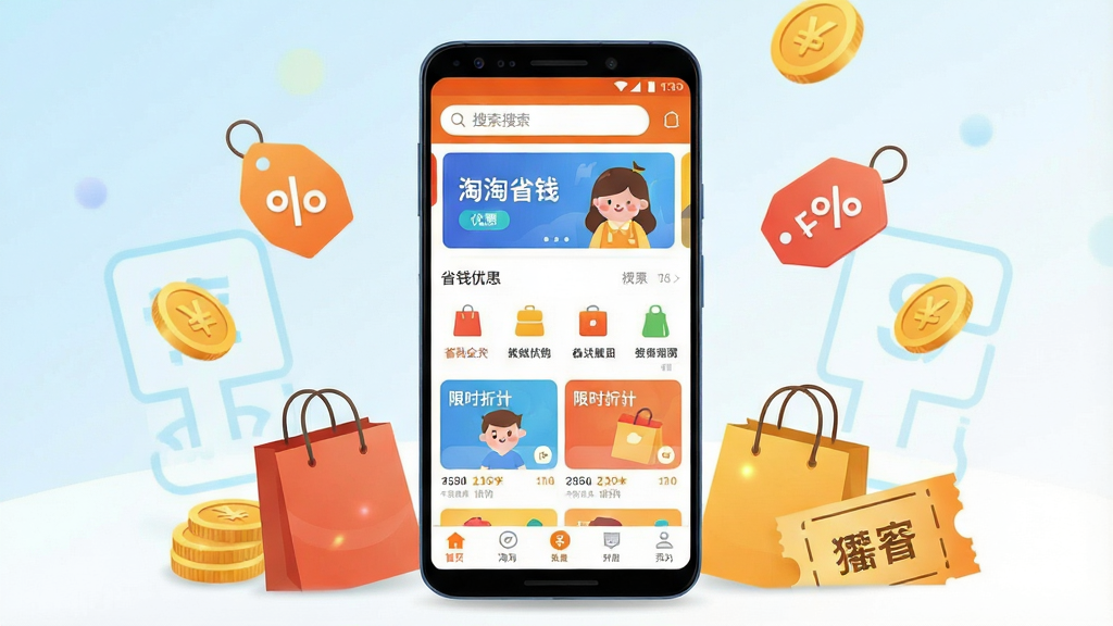 一幅展示淘淘省钱购物手机应用界面的场景图,画面中央是一部竖屏安卓手机,手机屏幕上显示淘淘省钱购物应用首页,首页顶部有搜索框和轮播优惠横幅,中部有商品分类图标与限时折扣卡片,底部有导航栏。手机周围散落着金币、折扣标签、购物袋和优惠券等元素,背景为浅蓝到白色的柔和渐变,整体风格清新明快,细节丰富,画质清晰干净,无多余元素。