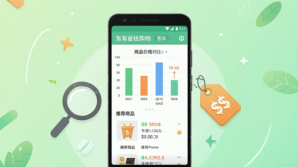 一幅展示淘淘省钱购物智能比价推荐功能的插图,画面中一部安卓手机竖立中央,屏幕上显示商品价格对比柱状图和推荐商品列表,手机旁边有放大镜和价格标签图标。背景为浅绿色渐变,风格清新简洁,排版整齐,细节丰富,画质清晰干净,画面中带有