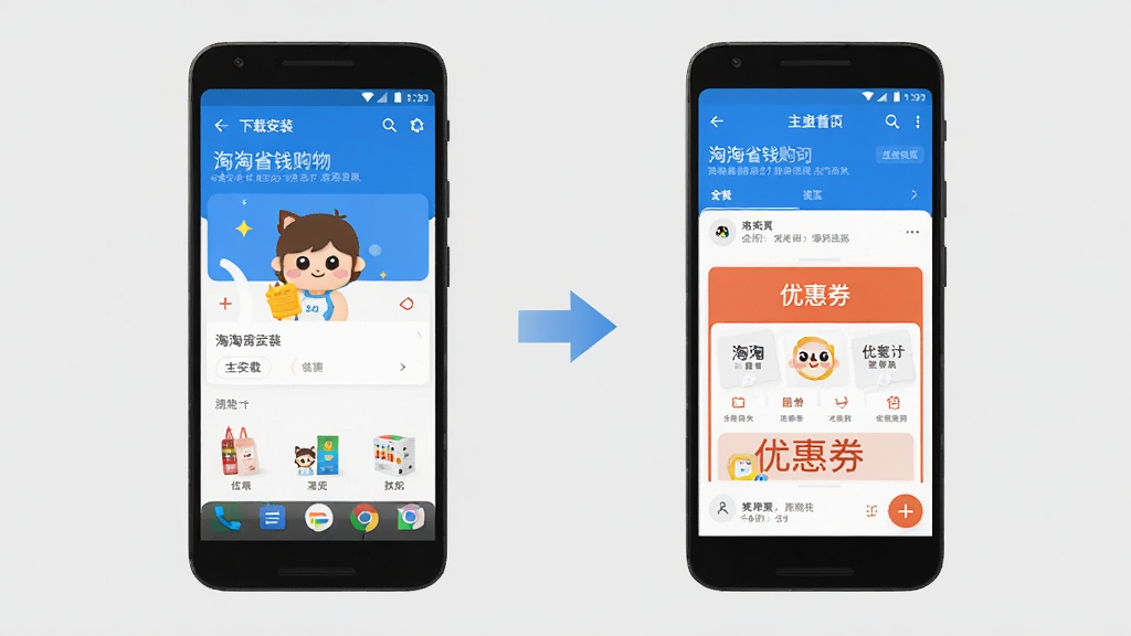 一幅展示淘淘省钱购物使用操作步骤的示意图,画面分为左右两部分,左侧为安卓手机显示下载安装界面,右侧为手机显示应用主界面和优惠券领取页面,中间用箭头连接。背景为浅灰色,风格简洁明了,排版清晰,细节准确,画质干净无多余元素。