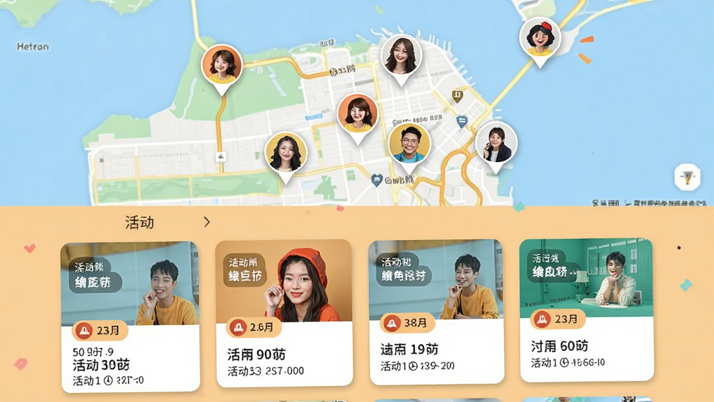 一个圈圈附近推荐页面,画面展示地图背景上散布着多个圆形头像标记,下方有活动卡片列表,背景为浅橙色,布局错落有致,风格活泼明快,细节包括距离标签和活动时间,画质高清,干净,无多余元素