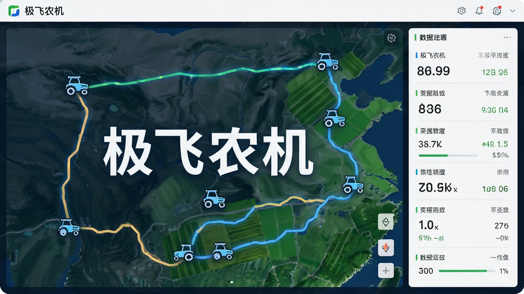 主体是一块显示着“极飞农机”文字的地图界面,地图上有多个农机图标与轨迹线;布局为地图占据主要画面,右侧有数据面板;排版清晰,信息层级分明;风格为现代科技UI风格;细节包括农机图标、轨迹线、数据数字、绿色农田地块;画质高清,干净整洁,无多余元素。