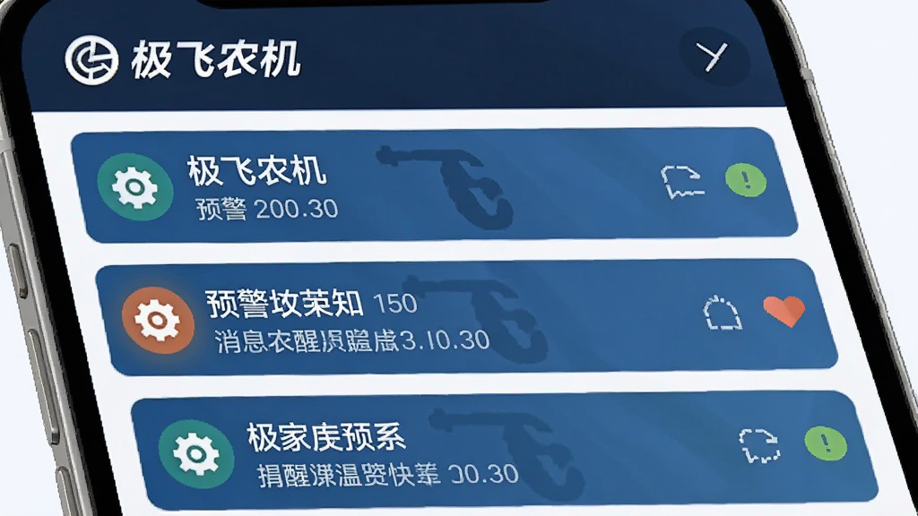 主体是“极飞农机”应用的消息通知列表界面,显示多条预警与提醒信息;布局为列表式排列,顶部有“极飞农机”标识;排版清晰,条目分明;风格为简洁移动端UI风格;细节包括图标、文字、时间戳、未读标记;画质高清,干净无多余元素。