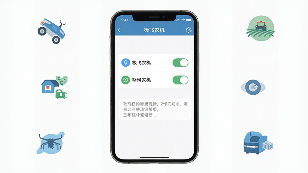 主体是“极飞农机”应用在手机上的设置权限界面截图风格图,显示权限开关与提示文字;布局为手机屏幕居中,周围有简洁图标点缀;排版清晰;风格为扁平化UI展示风;细节包括权限图标、开关按钮、说明文字;画质高清,干净无多余元素。