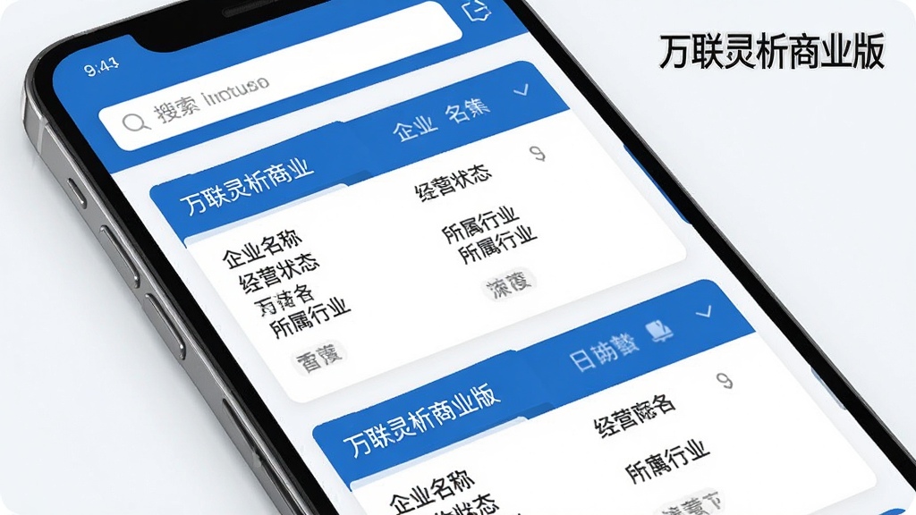 万联灵析商业版企业信息查询结果页面展示,手机屏幕中显示企业卡片列表,每张卡片包含企业名称、经营状态、所属行业等字段,界面风格简洁商务,配色以蓝白为主,屏幕上方有搜索框,画面干净,文字标注